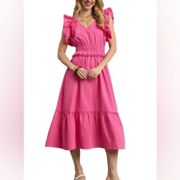 Umgee V-Neck Ruffled Cap Sleeve Midi Dress Pink Ruffle Midi Dress sz Large - Picture 1 of 7